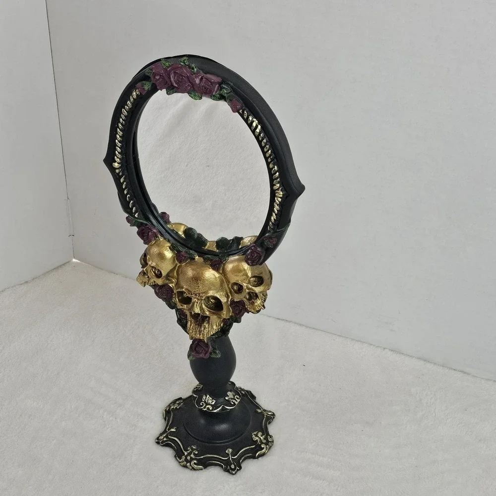 Halloween Gothic CHRISTIAN SIRIANO Tabletop Black/Gold Triple Skull Mirror 14.5